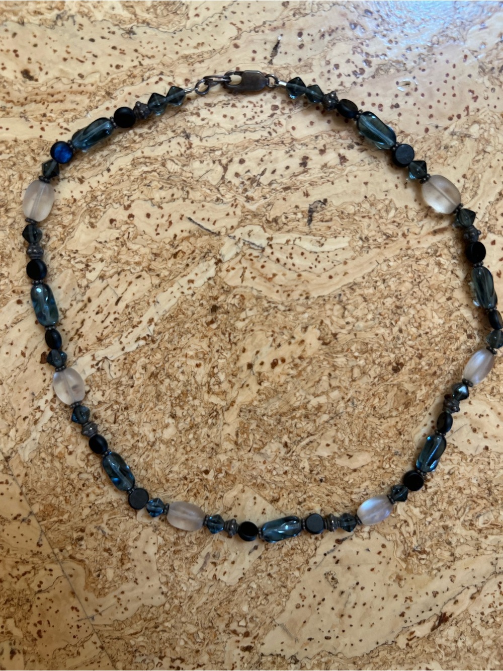Handcrafted Blue, White, Black and silver Beaded Necklace
